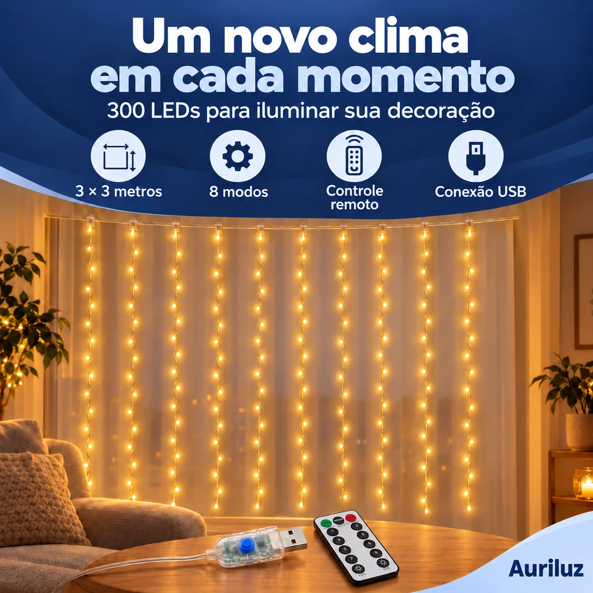 Visão geral dos benefícios de Cortina LED Auriluz 3 × 3 m