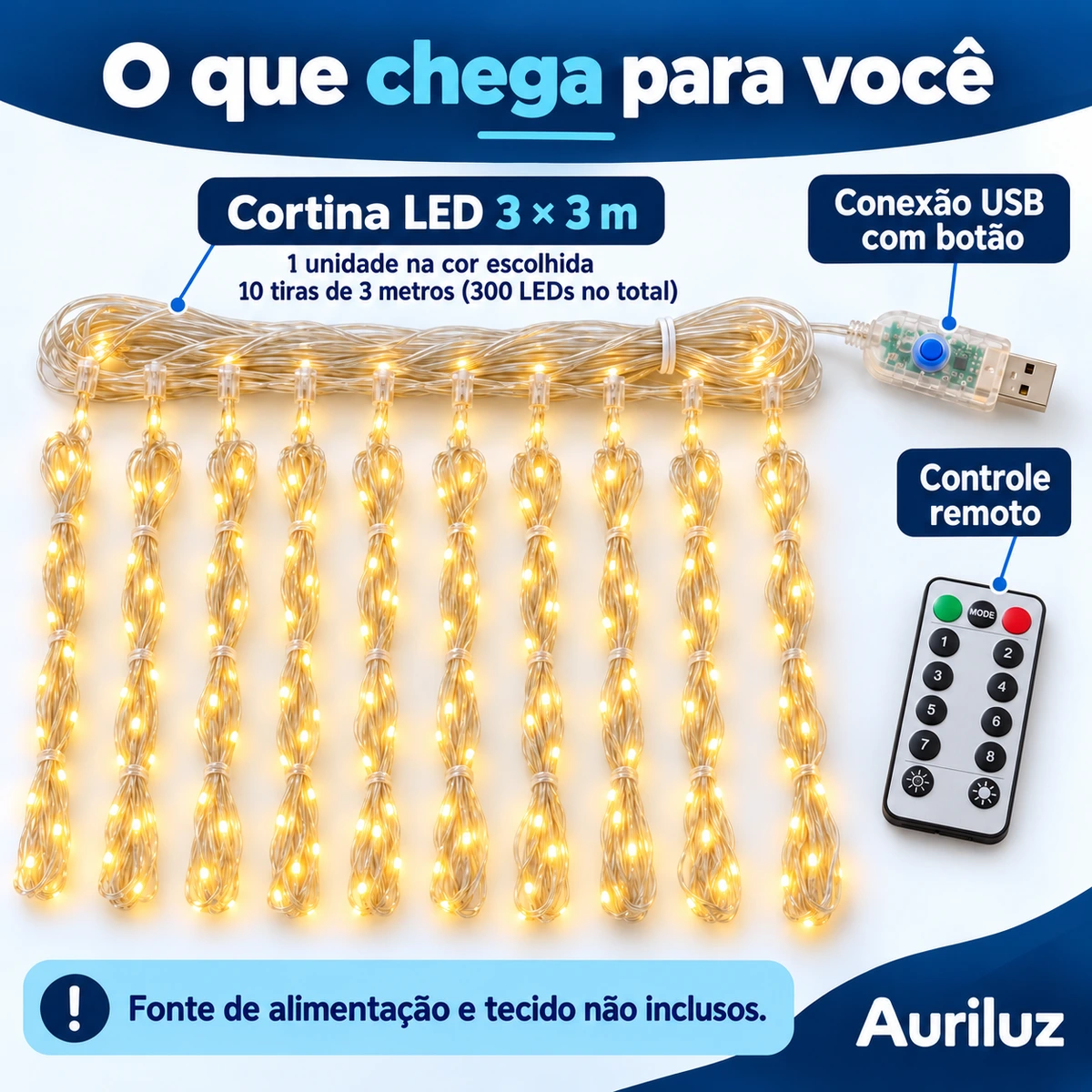 Itens que acompanham Cortina LED Auriluz 3 × 3 m