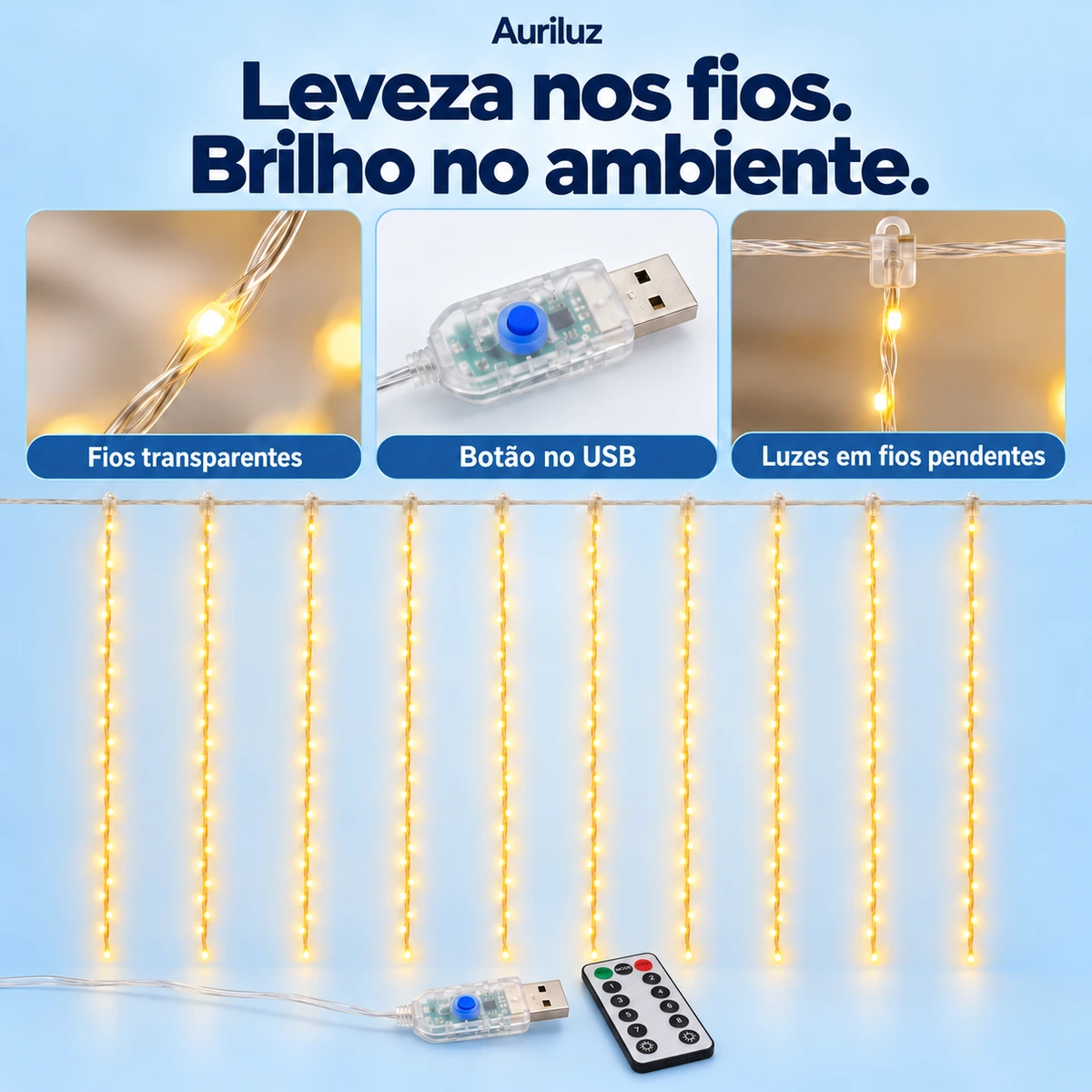 Detalhes de construção, materiais ou ajustes de Cortina LED Auriluz 3 × 3 m