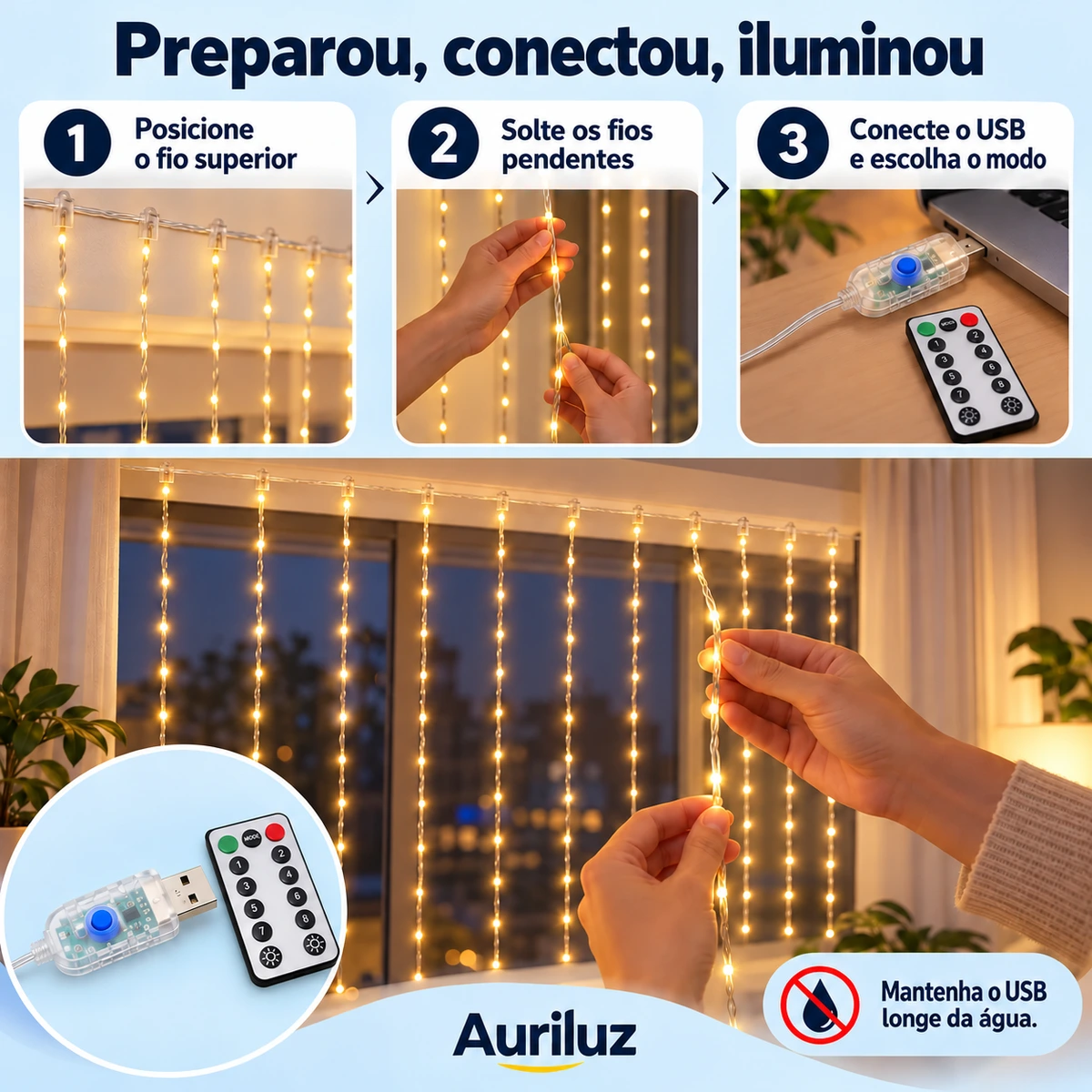 Como usar, transportar ou conservar Cortina LED Auriluz 3 × 3 m