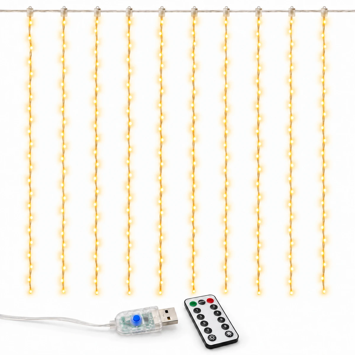 Cortina LED Auriluz branco quente com controle remoto e conexão USB